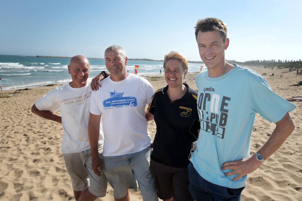 Alan Aulsebrook (left), Darren O’Brien, Tanya Suggett and Richard Wade are all heading off to Lorne to compete in their 10th Pier to Pub swim, qualifying each of them for “Sharkbait” status at the event. 