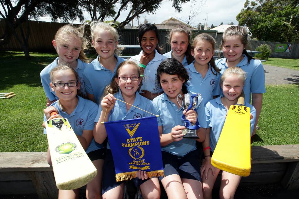 Warrnambool East Primary School’s state champion cricketers (back, from left) Shona Noske-Poulton, Grace Farrer, Zhane Heremaia, Bella Rantall, Amy Morton, Alannah Sharp and (front) Emerson Knight, Olivia Burn, Telicia Brittain and Meg Ludeman.