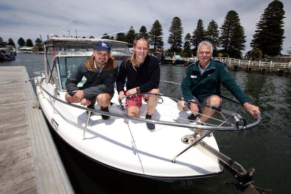 Victorian Recreational Fishing executive officer Dallas D’Silva (left) with Young Future Leader Elysia Gustafson, of Warrnambool, and Senior Fisheries Officer Ian Westhorpe on the Moyne River at Port Fairy during this week’s workshop. 