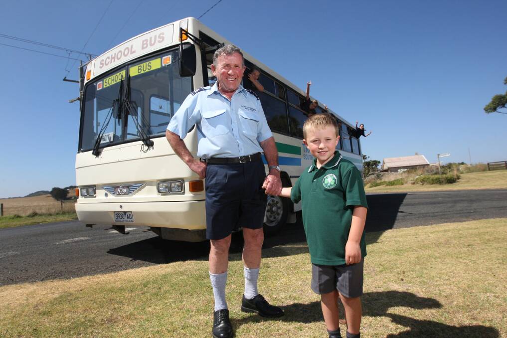 Tower Hill five-year-old Jye Quirk’s first day at school was made easier thanks to his bus-driving grandfather Frank. 