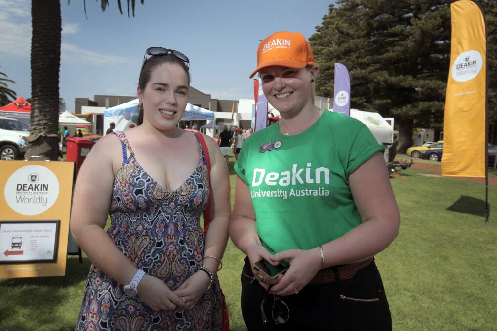 Prospective Deakin University nursing and midwifery student Mikaela Attrill (left), of Warrnambool, meets university event co-ordinator Amy Armstrong at Experience Deakin. 