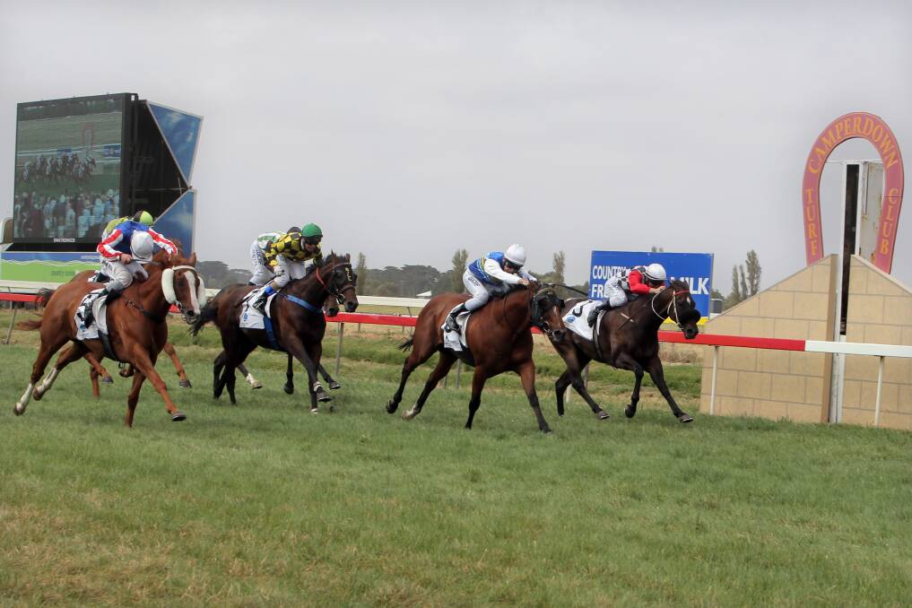 Ladramahs and jockey Aaron Mitchell (second from right) head towards the winning post in a tight finish to the Camperdown Cup on Saturday.