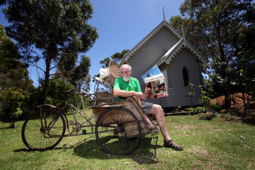 Bikes, art and all that jazz: Artist John Davis with some of the items he will exhibit in a Port Fairy art gallery/café he intends to establish in a former church he had transported more than 400 kilometres from northern Victoria. 