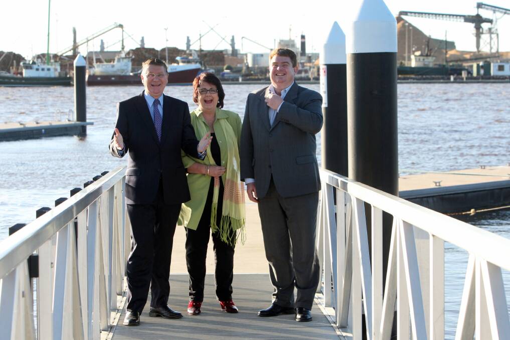 Premier Denis Napthine (left), Glenelg Shire mayor Karen Stephens and Port of Portland CEO Jim Cooper after announcing mooring upgrades to allow cruise ships to berth in Portland. 