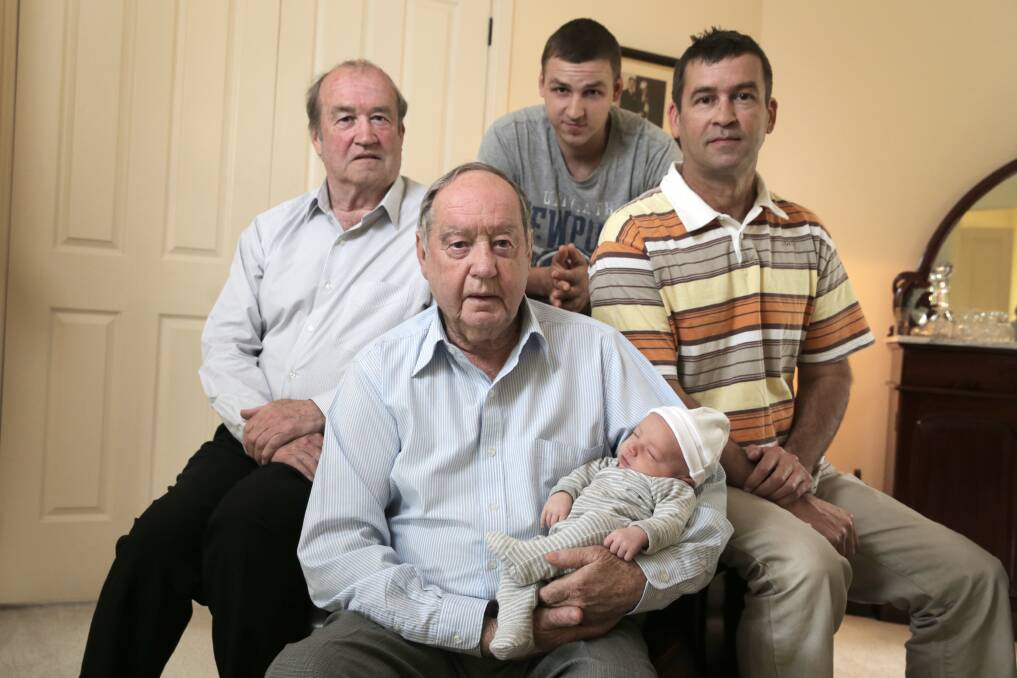 Warrnambool’s Bernie Purcell, born 1928, cradles great-great-grandson Jackson, born two weeks ago, with the three other generations of Purcells, Anthony (left), Tyson (back) and Jody.