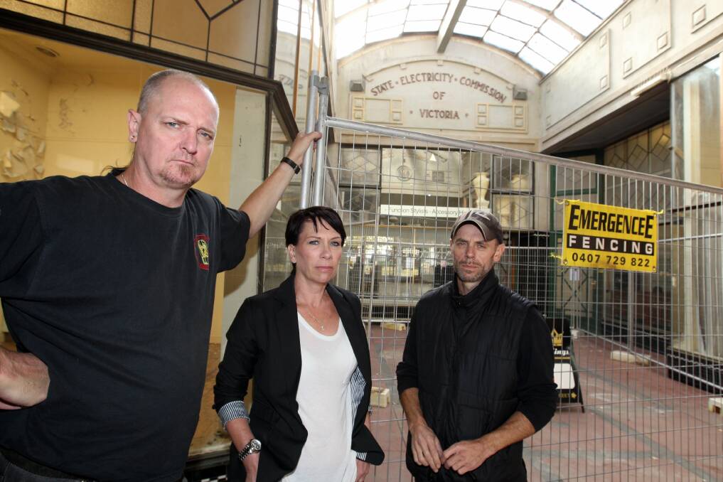 Business owners John Nicolaisen (left), Kim and Alex Brauer are upset about a temporary closure in Terang’s Johstone Court.