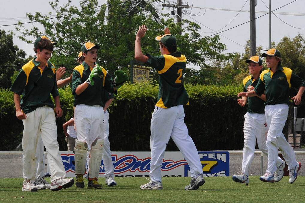 Hamilton players celebrate a wicket on their way to defeating South West in the Horsham Under 15 Country Week grand final. 