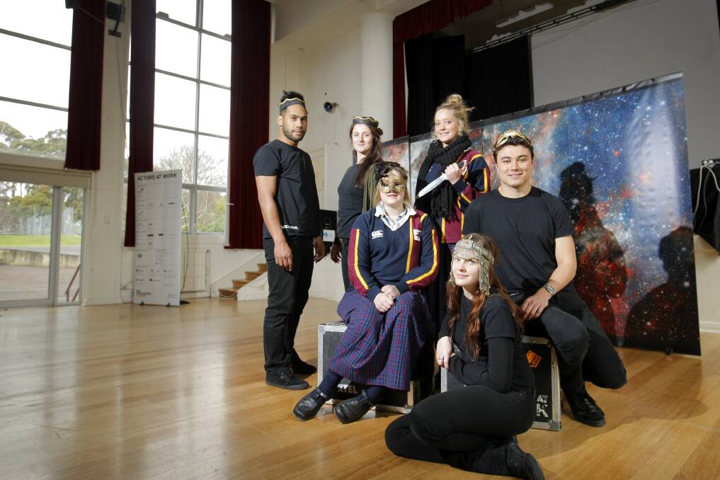 Bell Shakespeare ensemble members Ray Chong Nee (left), Janine Watson, Timboon P-12 year 11 students Larissa Barry, 18, and Lisa Couch, 17, ensemble members Jenna Hutton and Griffin Blumer get in the spirit of Romeo and Juliet. 