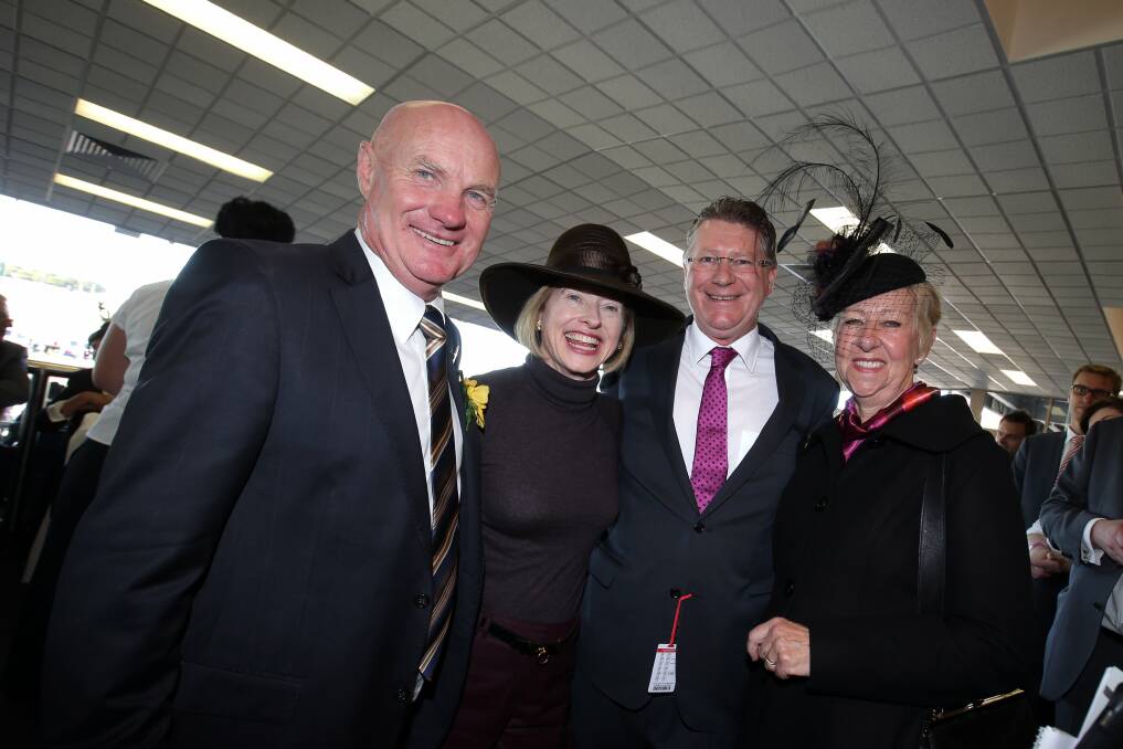 Warrnambool Racing Club committeeman Colin McKenna (left), trainer Gai Waterhouse, Premier Denis Napthine and his wife Peggy Napthine share in the feel-good atmosphere of the carnival.