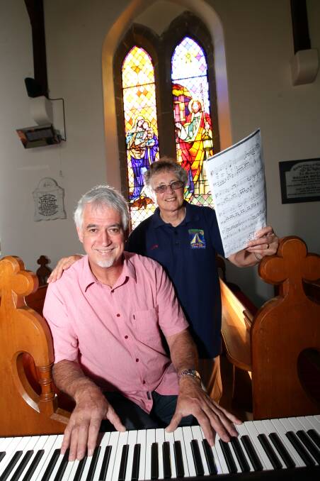 Musician Gavin Franklin and Moyneyana Festival’s Jackie Herrmann prepare for the jazz night to be held in St John’s Anglican Church in Port Fairy on Friday. 