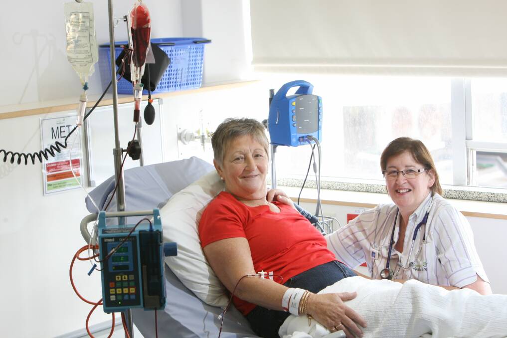 Blood recipient Leonie Cahill is attended by South West Healthcare’s day stay unit manager Jenny Atwell while receiving her regular blood transfusion.