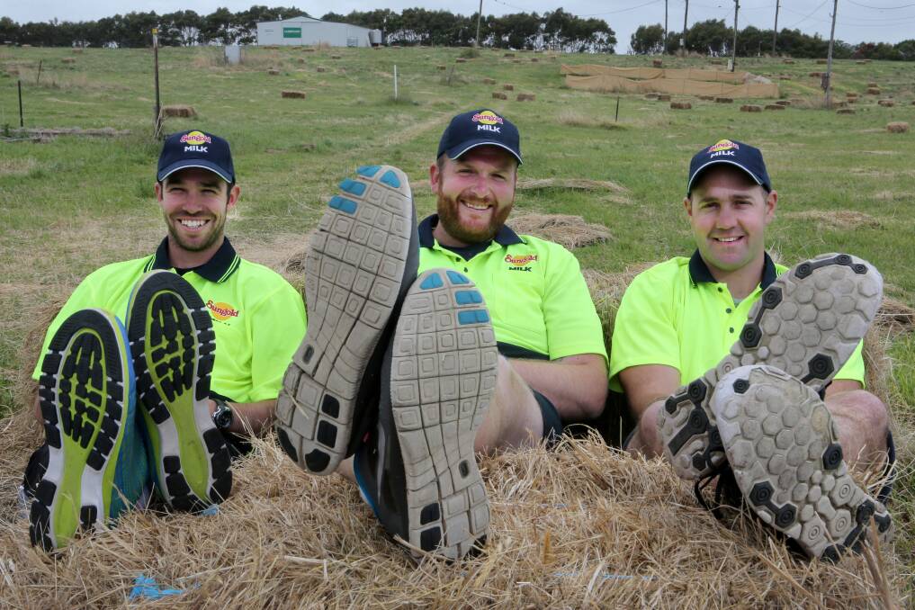 Workmates Sam Miller (left), Jeremy Burgess and Justin Christoforou will soon embark on a 165km walk from Warrnambool to Halls Gap to raise money for Peter’s Project. 
