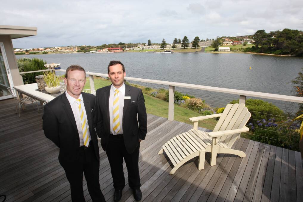 Ray White director Jess Densley (left) and area manager Chris Thomas at Warrnambool’s most expensive house, the $2.1m Illawong at 9 Melaleuca Court.
