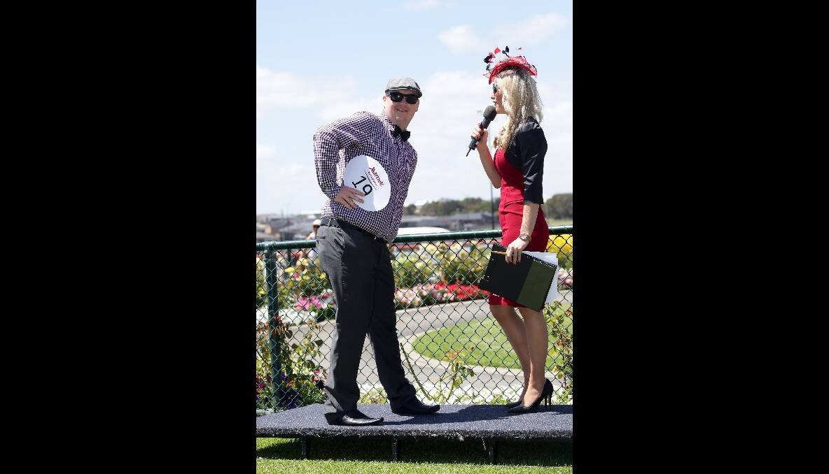 Fashion on the Fields entrant Daniel Baetz from Warrnambool talking with Country Racing Victoria MC Casey Bruce. 131229DW59 Picture: DAMIAN WHITE