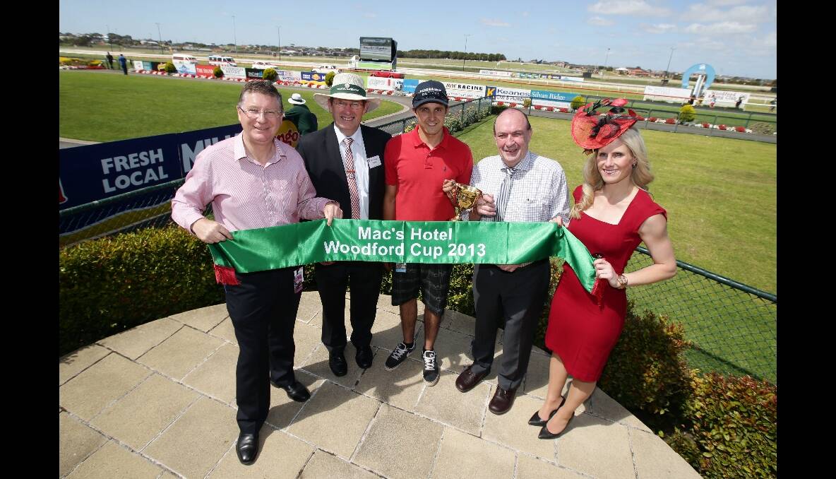 The Woodford Cup was won by the Darren Weir-trained Zabisco. Premier Denis Napthine, left, Woodford Racing Club chairman Peter Haynes, Weir's Wangoom stable foreman Daniel Bowman, Peter Walsh from Maceys Bistro and Casey Bruce from Country Racing Victoria. 131229DW77 Picture: DAMIAN WHITE