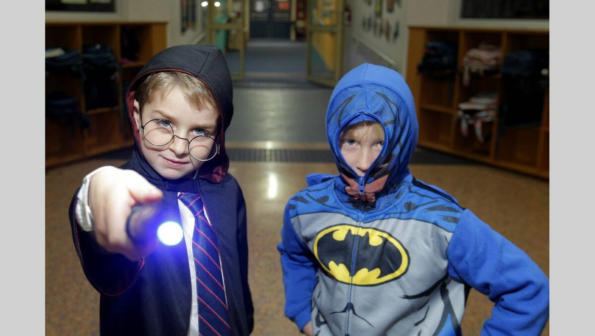 Brodie Watson, 7, left, and Narrah Drayton, 6 dressed up for Merrivale Primary School's science day. Picture: ROB GUNSTONE