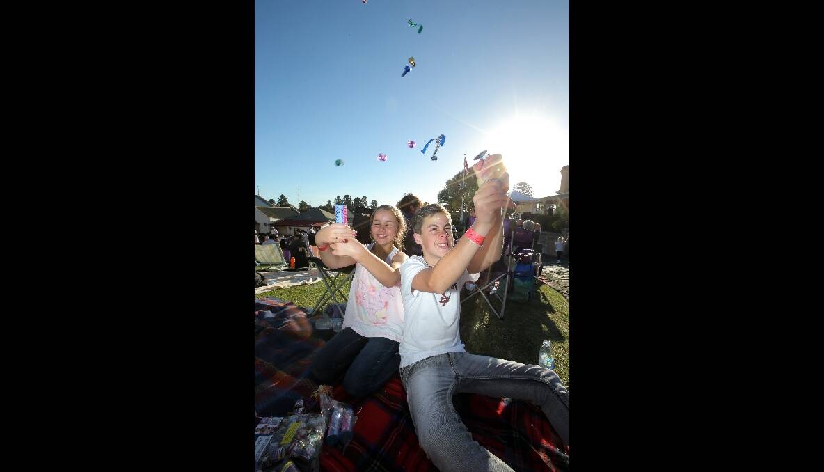 Celebrations at Flagstaff Hill. Giselle McLeod ,12, and Cameron Berry, 13, from Melbourne, having fun with party poppers.131231DL10 Picture: DAVE LANGLEY
