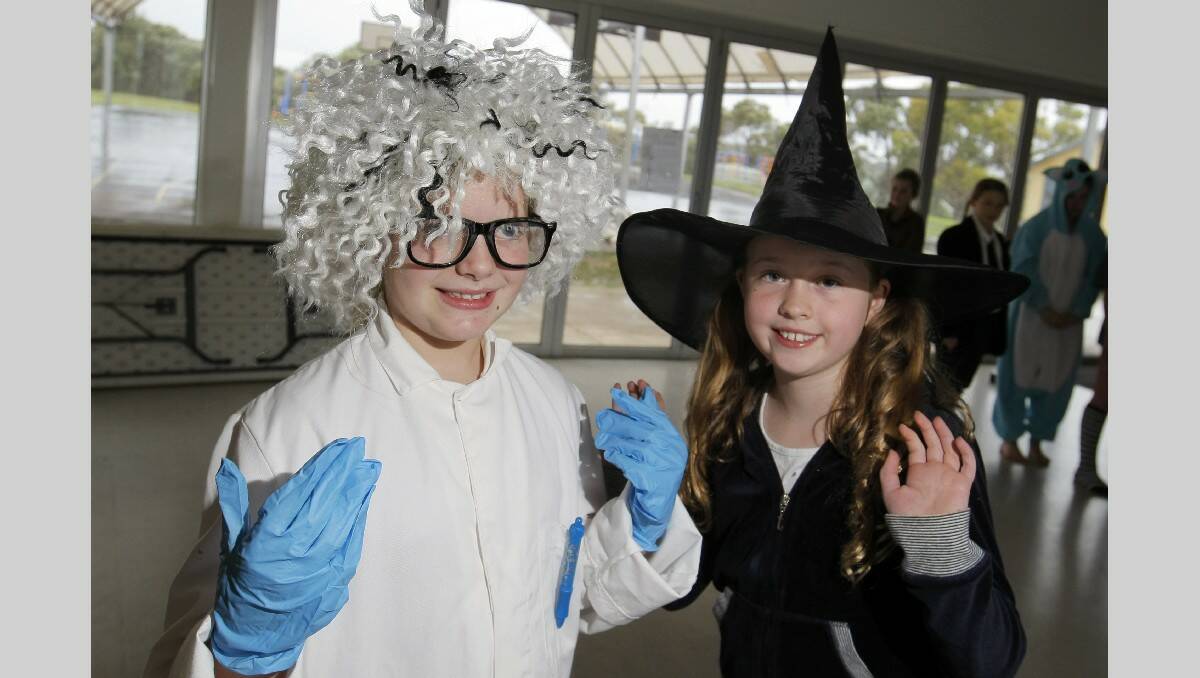  Ashlee Jones, 9, left, and Serena Van Someren, 9, in costume for Merrivale's science day. Picture: ROB GUNSTONE