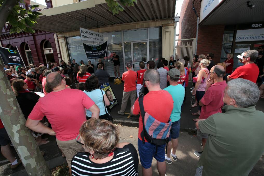 Warrnambool teachers rally outside MP Denis Napthine's office in Liebig Street. 