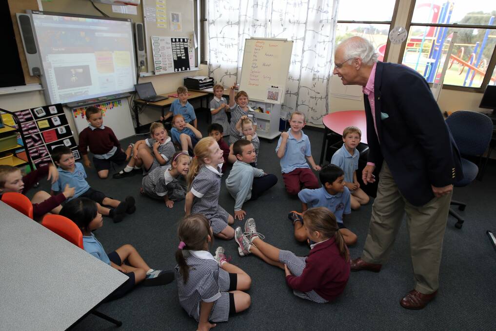 Governor of Victoria Alex Chernov talking to grade one pupils at Warrnambool East Primary school.