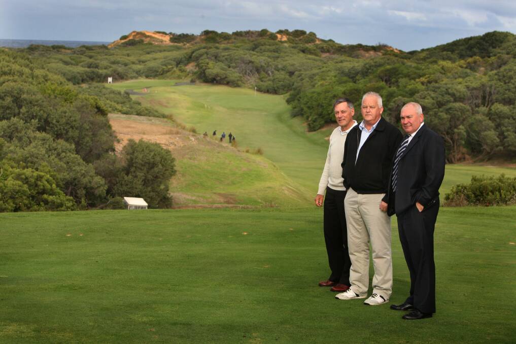 Warrnambool Golf Club planning committee chairperson Brian Callaghan, Warrnambool Golf Club president Gerard Lynch and vice president Martin Kavavnagh aren't happy about a draft plan to return some of the course to natural vegetation.