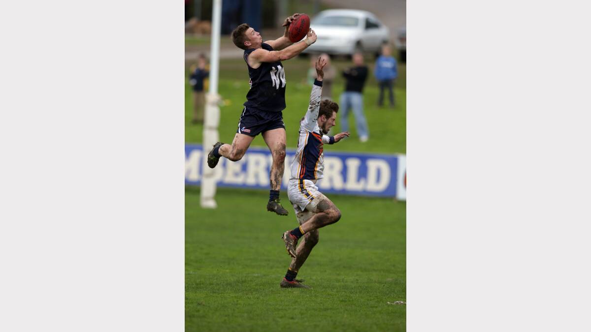 Warrnambool's Jed Turland rises above the Eagles' Xavier Mills . Picture:LEANNE PICKETT