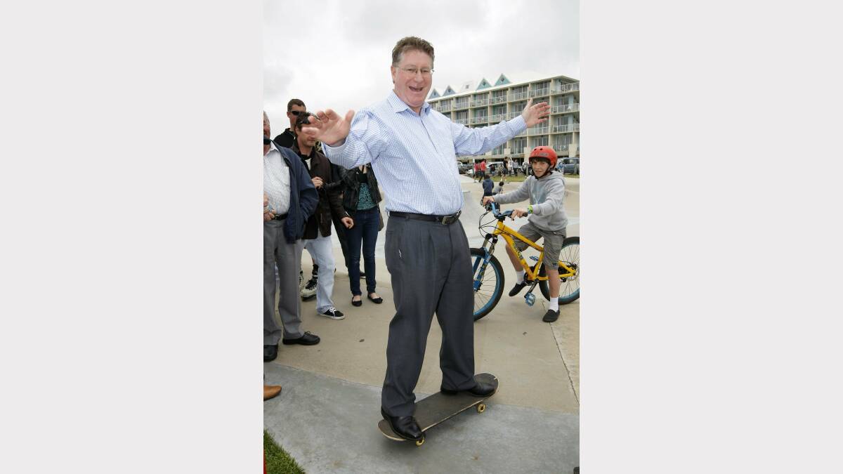 Denis Napthine shows his skating skills at the official opening of the redevelopment of the Warrnambool Skate Park. 