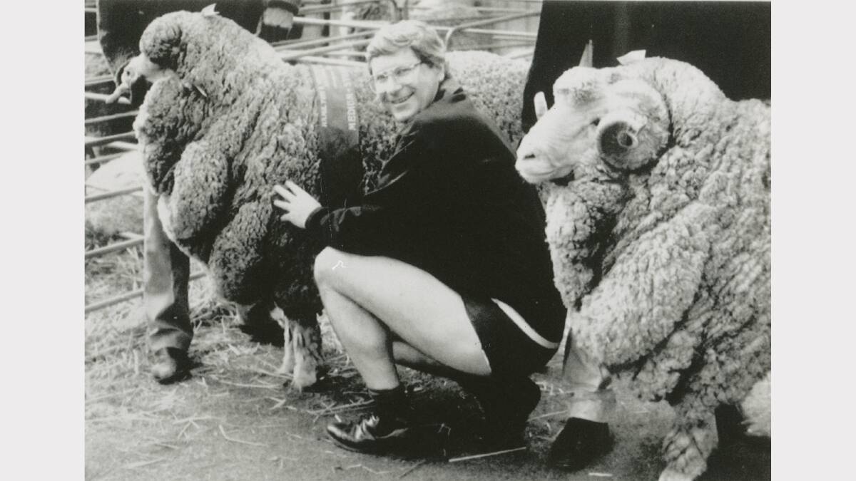 Denis Napthine models woolen undies at the 1992 Sheepvention.