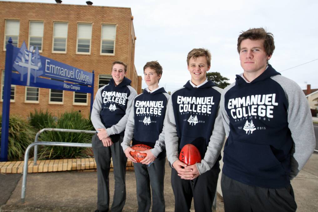 Emmanuel College played in the Herald Sun Country Shield against Ballarat Clarendon College on Wednesday in Colac. L-R year 12 students Tom O'Leary, Jock Blair, Sam McLachlan and Mitch Bowman. Picture: DAVE LANGLEY