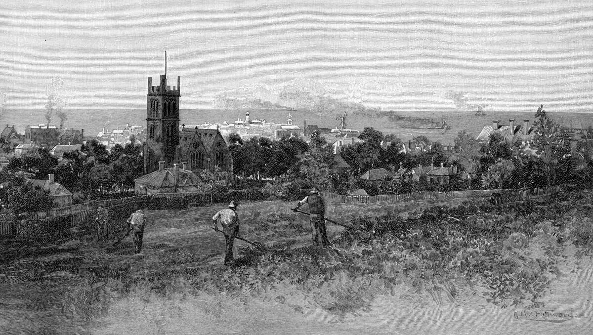 A view over Warrnambool in the early 1880s by young English artist Albert Henry Fullwood (1863-1930), who parked himself on the hill bordered by Lava and Ryot streets in Warrnambool and made a marvellously detailed sketch of the view south-east across town to Lady Bay. SOURCE: Warrnambool & District Historical Society.
