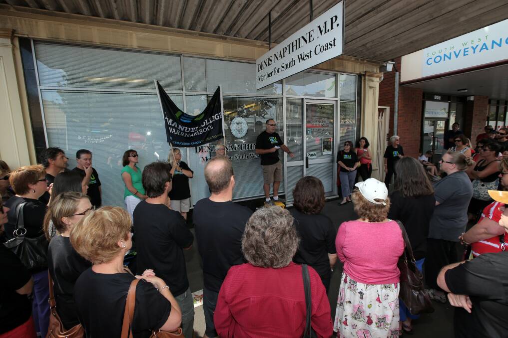 Warrnambool teachers rally outside MP Denis Napthine's office in Liebig Street. 