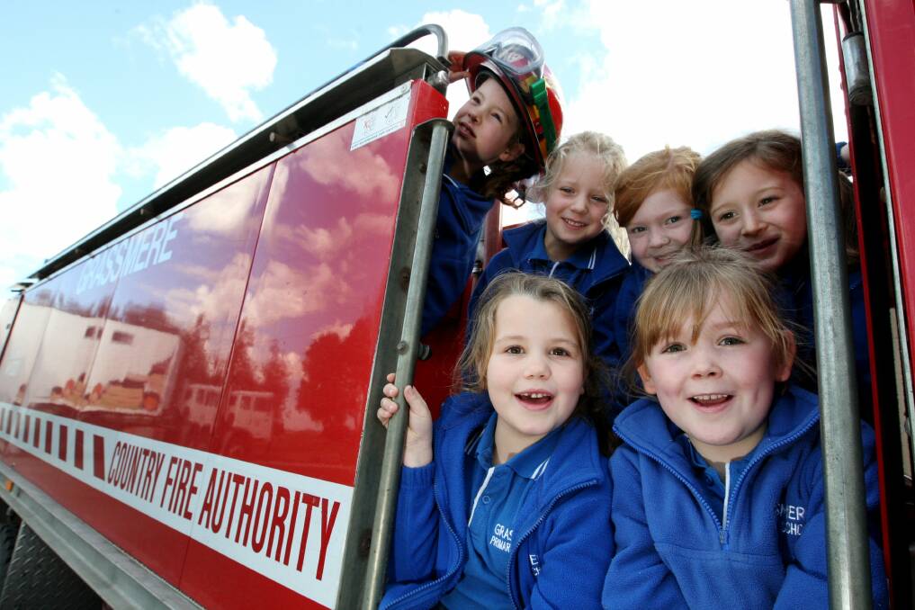 Grassmere Primary School pupils Lexie Twitt, Jenna Umney, Arliah Stuart, Hayley Wilson and in front Bella Johnstone and Macey Porter were excited with a visit from the CFA Mobile Education Unit along with the Grassmere CFA truck.. Picture: LEANNE PICKETT