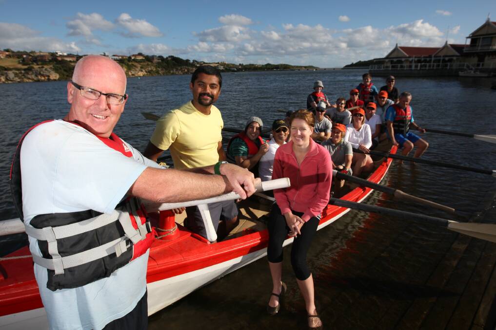 South West Healthcare's three whale boat team captains Patrick Groot (front left), Johnson Mathew and Jenna Hogarth prepare their teams for training on the Hopkins River this week.