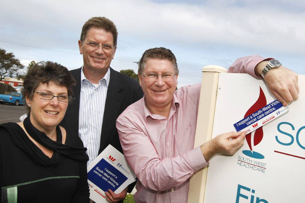 Vicki Jellie, then State Opposition Leader Ted Baillieu and South West MP Denis Napthine, pictured after the Coalition announced a commitment to fund radiotherapy facilities if elected in November 2010.