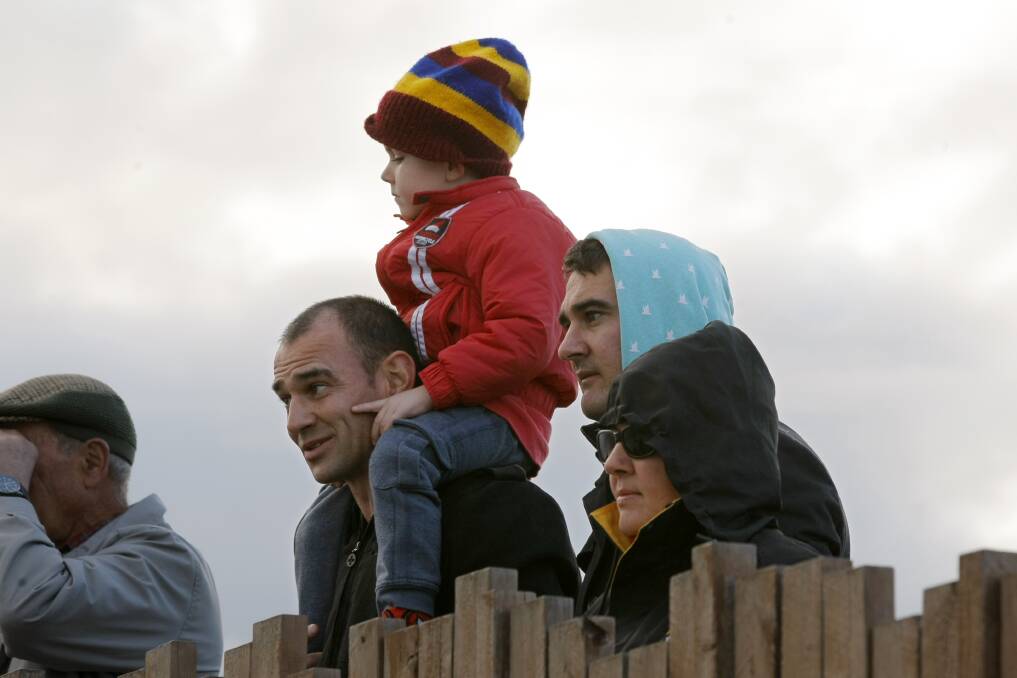 Clinton Perry, from Koroit, with son Cruz, 4, on his shoulders, and Tavis Perry, from Darwin, and Suzie Perry, from Rushworth, watch whales at Logans Beach.Picture: ROB GUNSTONE
