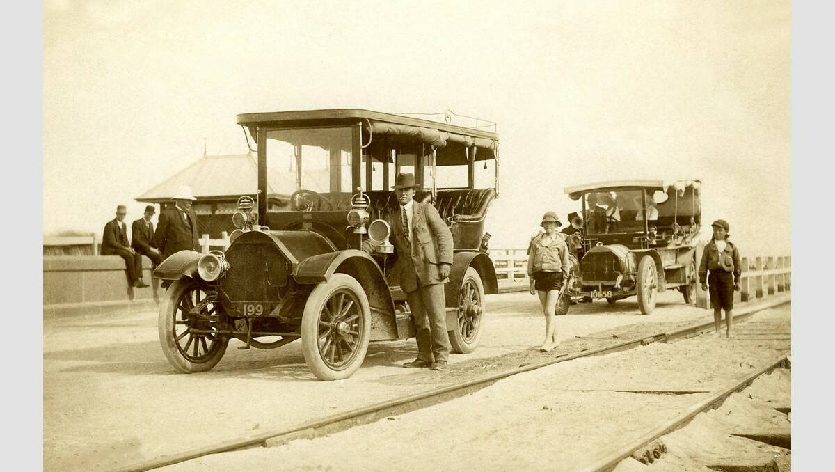 Taxis returning to town after picking up boat passengers from the breakwater, pictured on Viaduct Road in 1914. The front car is a 1907 Beeston-Humber, bought new by prominent Warrnamboolian Walter Manifold, MLC. SOURCE: Warrnambool & District Historical Vehicle Club.