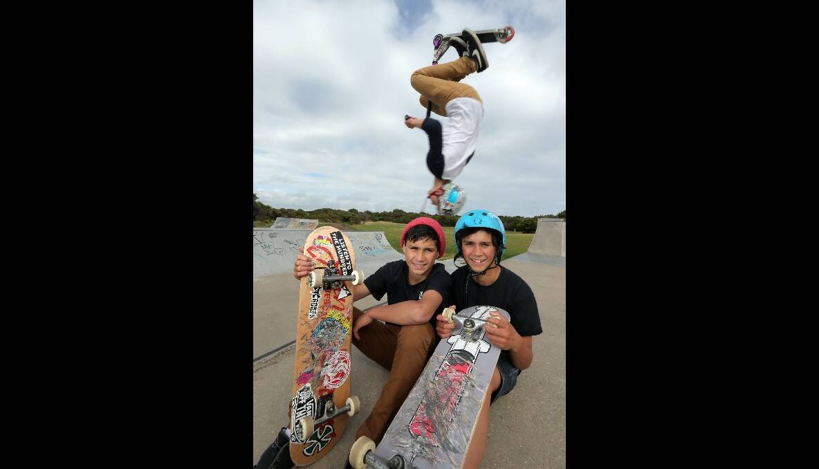 Warrnambool skater twins Jesse (left) and Billy Abrahams, 13, are excited about a new south-west skate comp which will assist talent such as Patrick Wheatley (behind).