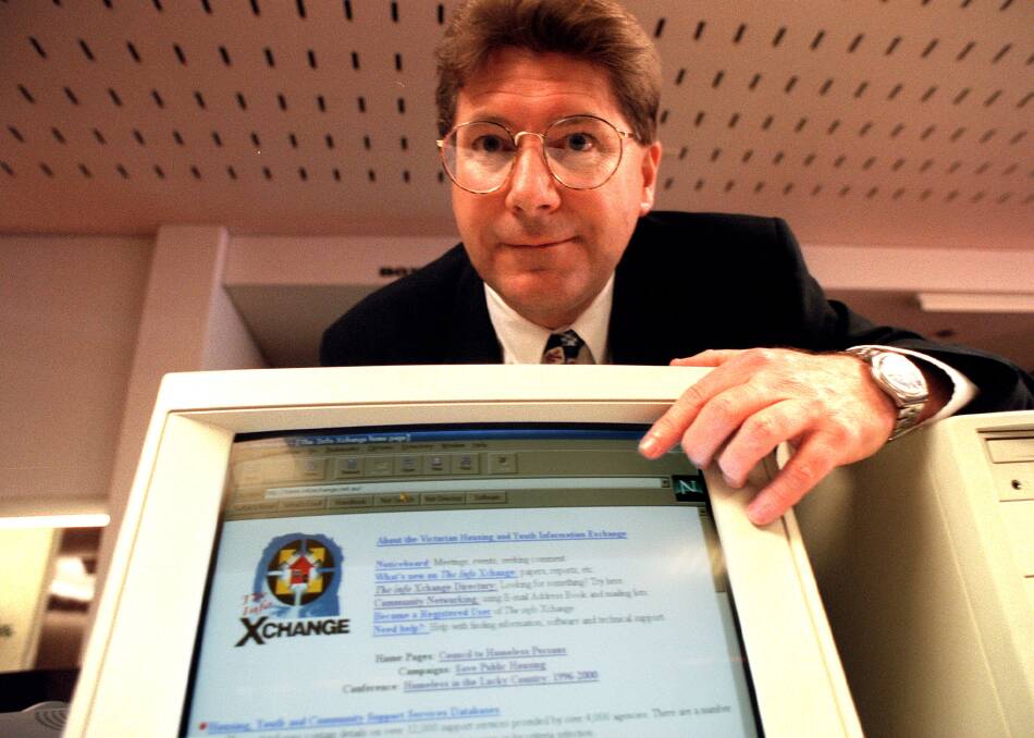 Denis Napthine, as Minister for Youth and Community Services, at the launch of a service to provide accomodation for the homeless via the internet in 1996.