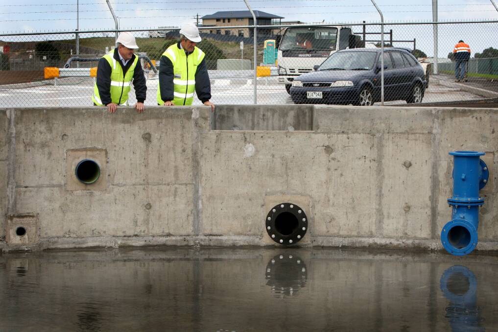 Wannon Water asset contracts engineer Stuart Blignaut and Wannon Water managing director Grant Green inspect the Brine Received Facility pond.