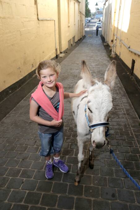 April Body, 7, from Warrnambool with a donkey from Cathy Anderson Animal Farm.