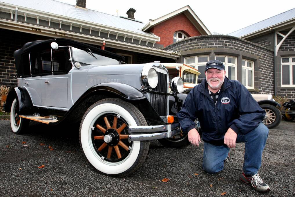 Robin and Cath Grierson from Melbourne with their 1928 Oldsmobile Tourer, as the Golden Oldies Car Tour visited Purrumbete Homestead. Picture:LEANNE PICKETT