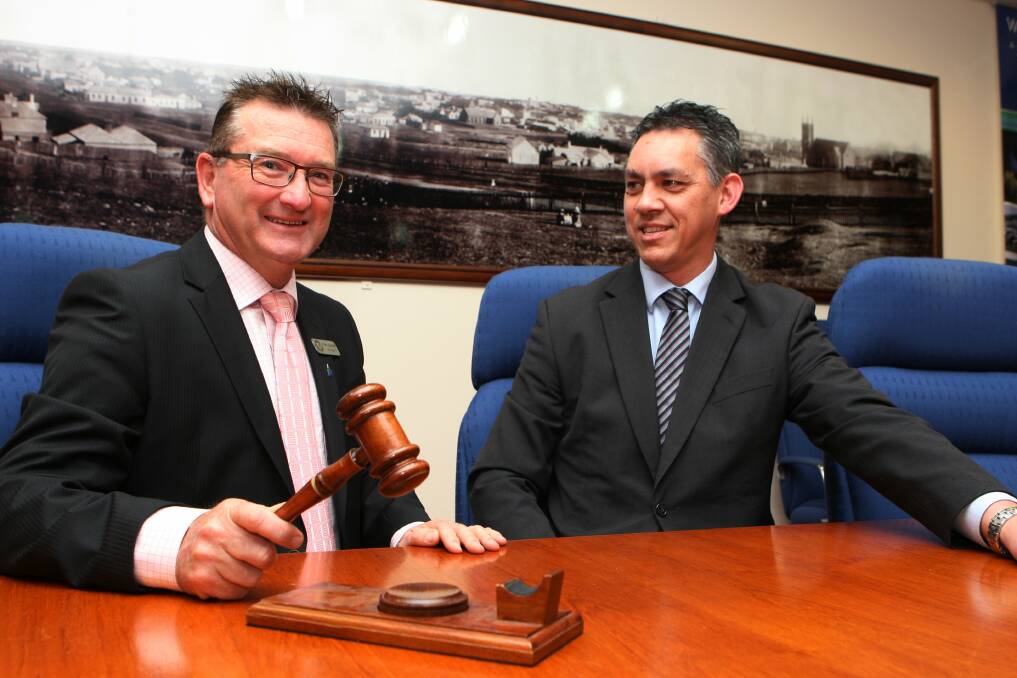 Warrnambool Primary School principal Peter Auchettl sat in as mayor as he and Warrnambool City Council Mayor Michael Neoh swapped roles for a couple of hours this week. Picture :LEANNE PICKETT