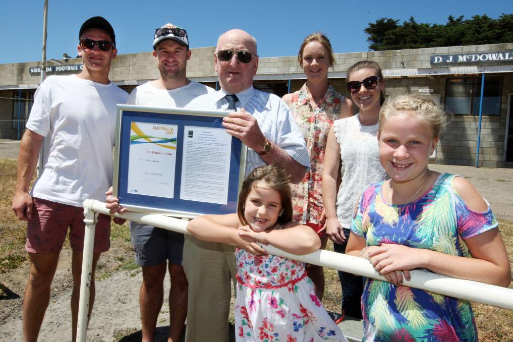 Citizen of the Year Vic Ludeman with his grandchildren Thomas Ludeman from Warrnambool, Tim Ludeman from Adelaide, Vic Ludeman, Olivia Ludeman from Warrnambool, Kristy Ludeman from Nirranda, Rosie Ludeman from Warrnambool and Meg Ludeman from Warrnambool. 