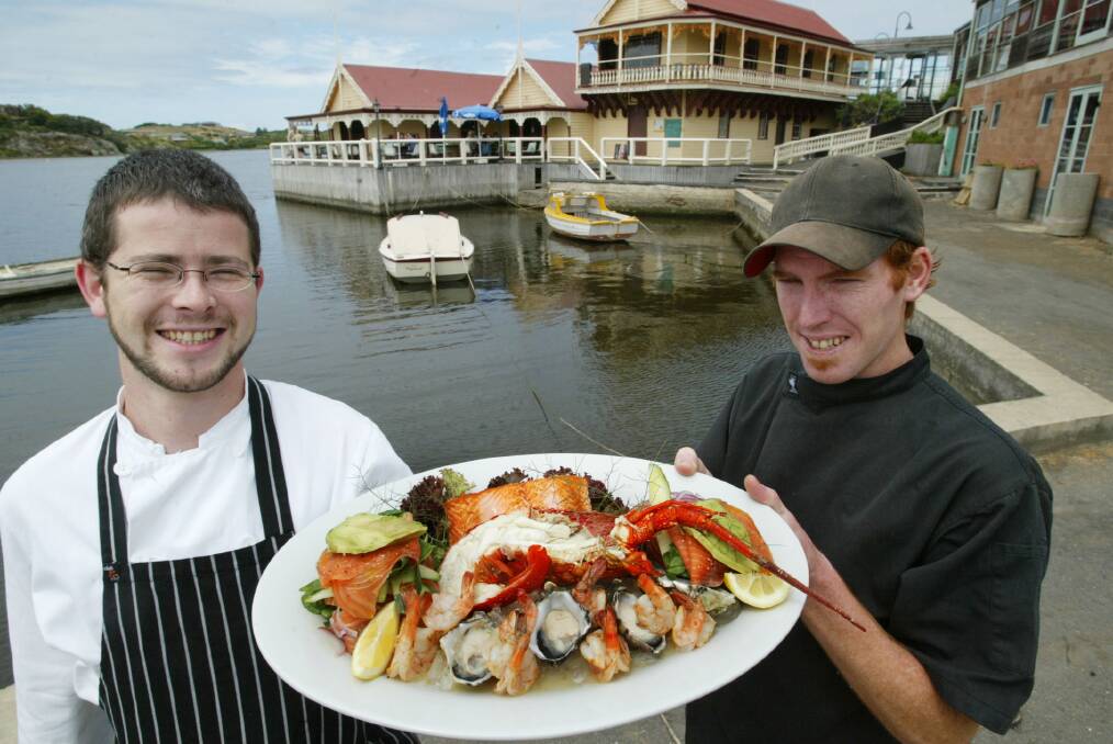 Chefs Tom Blake and Cameron O'Flaherty with a seafood platter at Proudfoots.