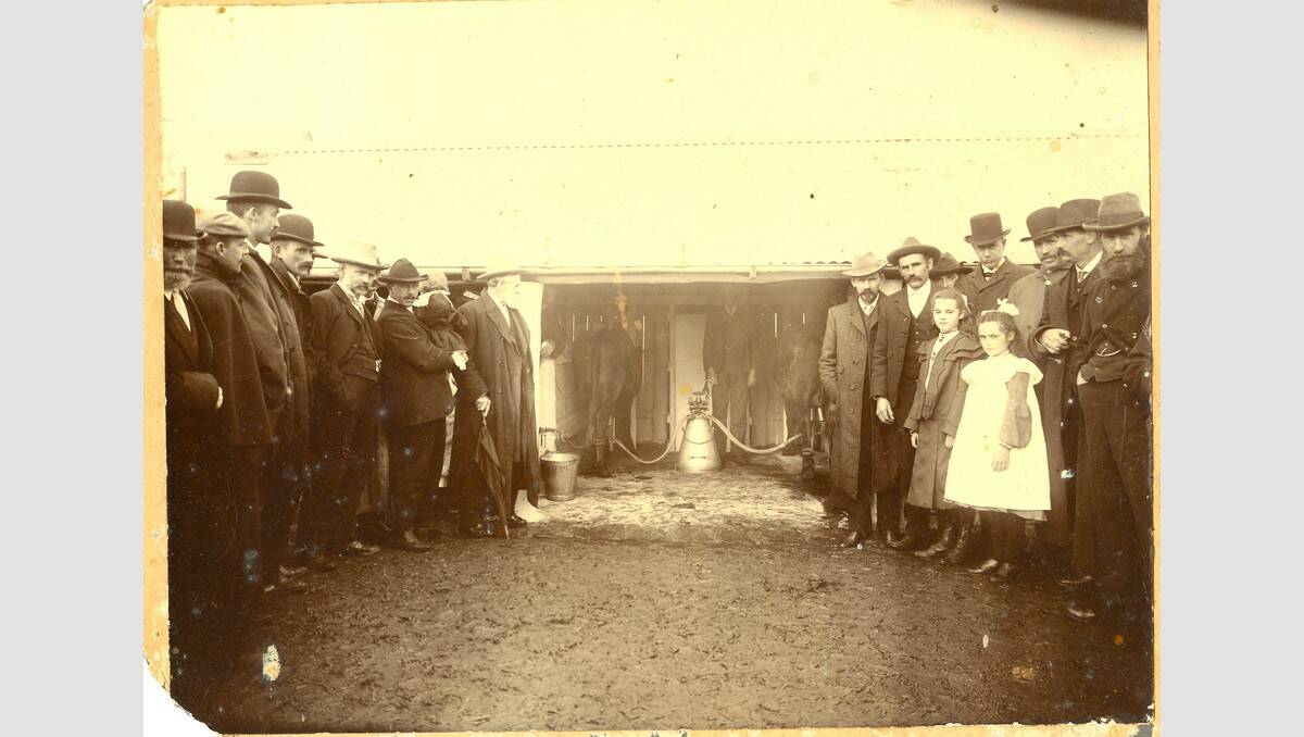 An official tour of dignitaries and local farmers at the opening of the new Grassmere Butter Factory in June 1905. On the way to Grassmere a visit was made to the Warrnambool Cheese & Butter Factory and then to CH Uebergang’s Briarwood farm at Cudgee for a demonstration of the LK milking machine, the first milking machine in the Allansford district. SOURCE: Warrnambool Cheese & Butter.