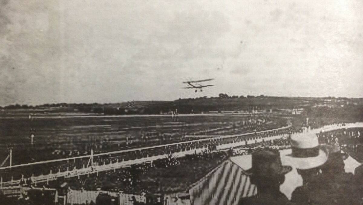 Biplane at racecourse in the 1920s. Given the rarity of aircraft anywhere outside big cities back then, it is possible the pilot is photographer Charles Pratt, who took an aerial snapshot during the racing carnival. The Great War veteran brought four war-surplus aircrafts with him from New Zealand to Melbourne in late 1919. SOURCE: Warrnambool & District Historical Society.