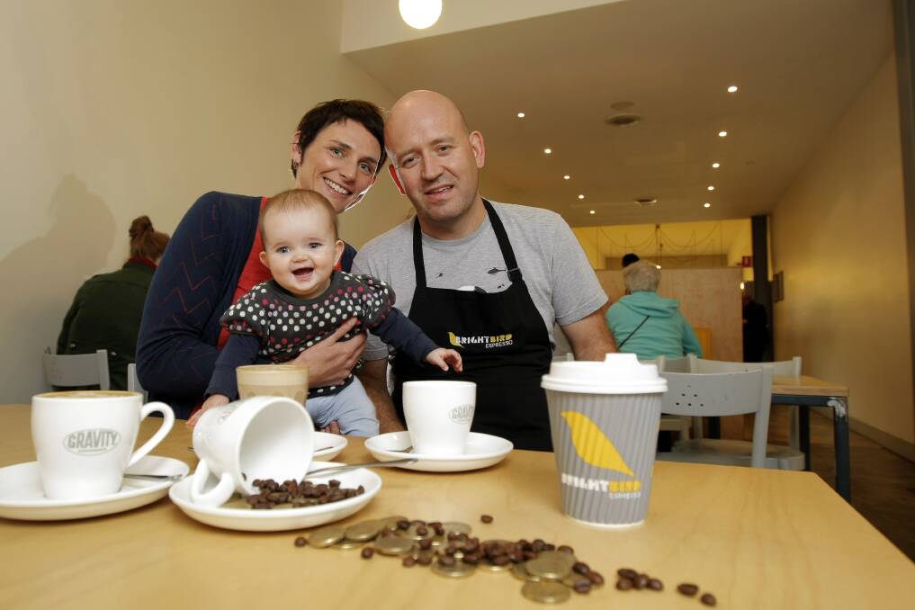 Brightbird Espresso owners Katrina and Mark Brightwell, pictured with nine-month-old Mira, will donate $1 from every coffee sold on May 28 to Kidney Health Australia.