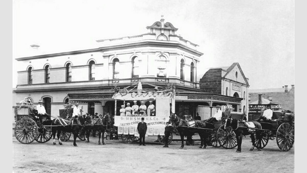Bakery on the corner of Fairy and Lava Streets, in front of what is now Monaghan's Pharmacy. The odours wafting from H. H. Smith’s bakery must have been difficult for peckish pedestrians to resist. Henry Smith began his career at Davis’ steam biscuit factory on Timor Street, opposite the post office, but in 1885 established his own Warrnambool City Bakery. SOURCE: Warrnambool & District Historical Society.