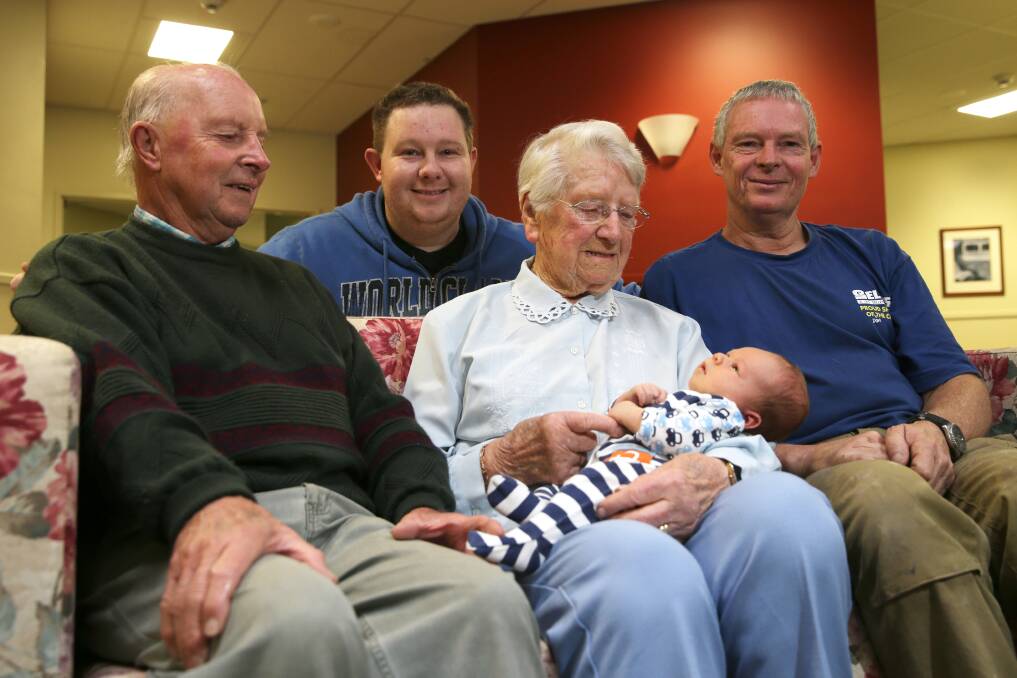 John Goodwin, Mykel Goodwin, great-great-grandmother Lena Mitchell, 101, with the newest family member Lucas Goodwin, three-weeks-old, and Simon Goodwin, all of Warrnambool. Picture: ROB GUNSTONE