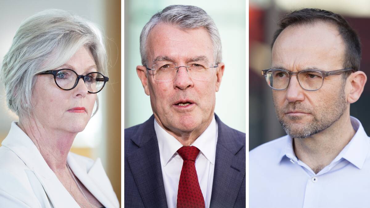 Member for Indi Dr Helen Haines (left), Attorney-General Mark Dreyfus (centre) and Greens leader Adam Bandt (right). Pictures by Sitthixay Ditthavong
